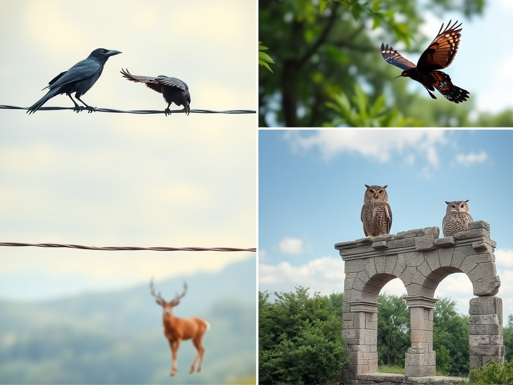 Image Prompt: A serene collage featuring two crows on a wire, two butterflies fluttering mid-air, two deer near a forest clearing, and two owls on ancient stone arches.
