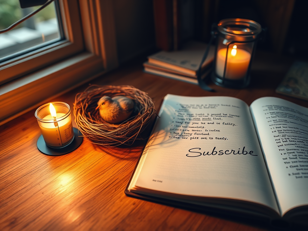 Image Prompt: “A sunlit desk featuring an empty bird’s nest, a glowing candle, a filled-out journal, and a gentle “Subscribe” note in beautiful calligraphy.”