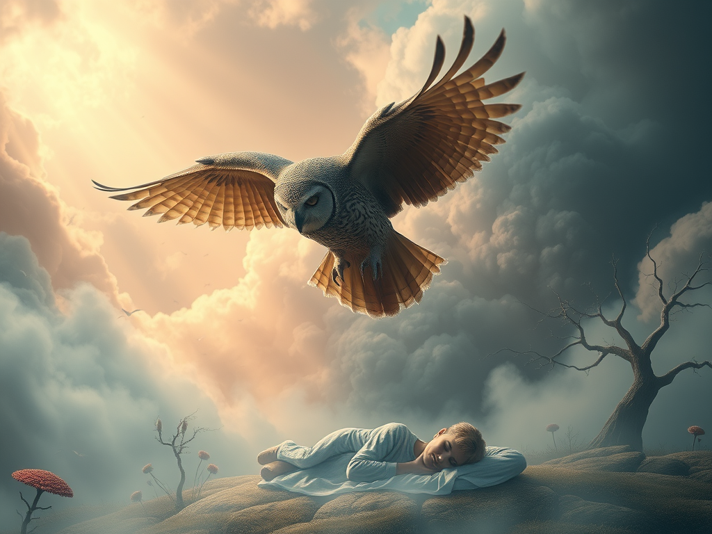 Discover the Spiritual Meanings of Animal Spirits 9 Image Prompt: A surreal dream landscape with a large owl flying over a sleeping person.