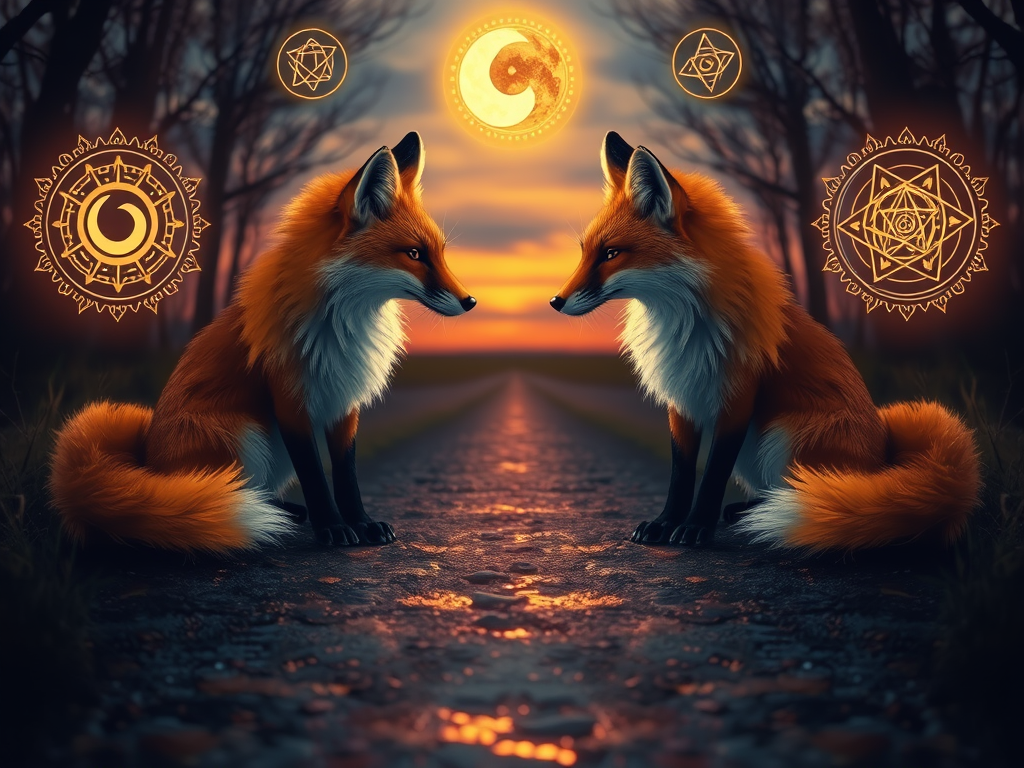 Image Prompt: A twilight path where two identical animals (e.g., foxes) are seen in a mirror-like reflection, surrounded by symbols like yin-yang, infinity, and a glowing eye.