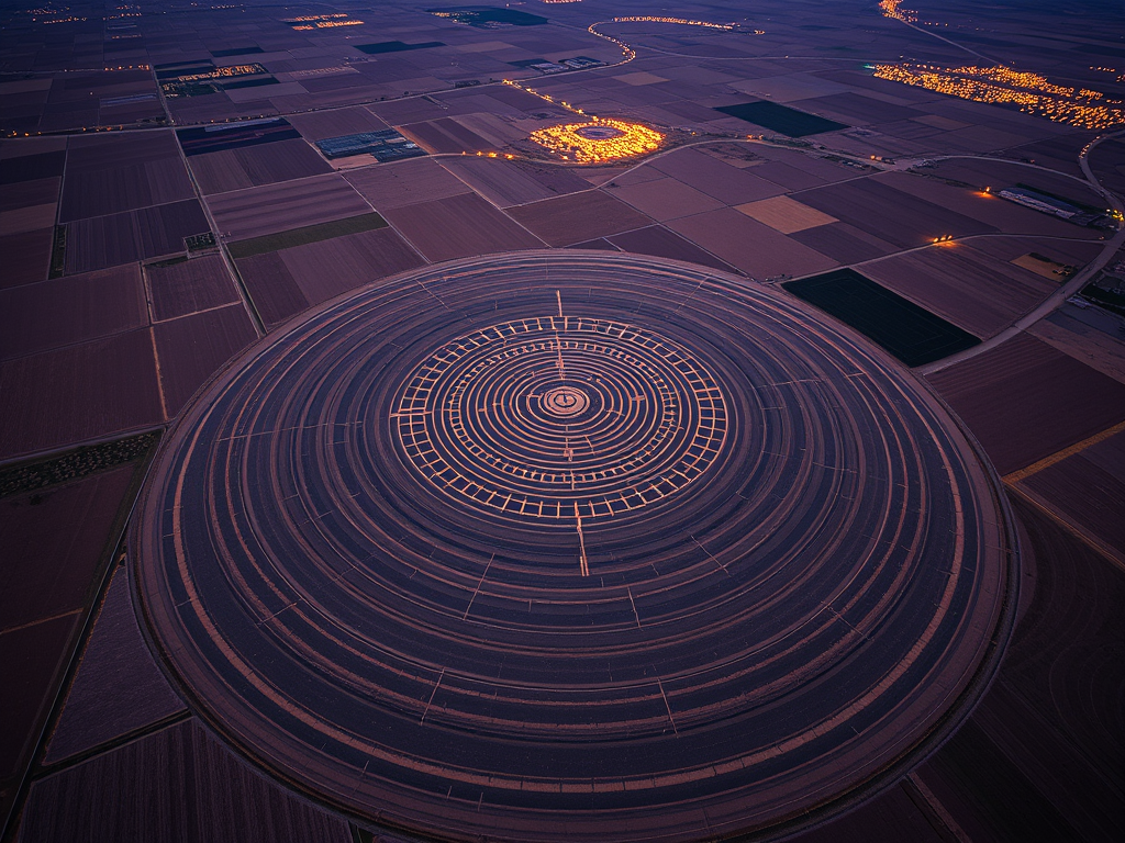 Image Prompt: Aerial view of Nazca lines and Peruvian crop fields glowing with modern crop circles beneath twilight.