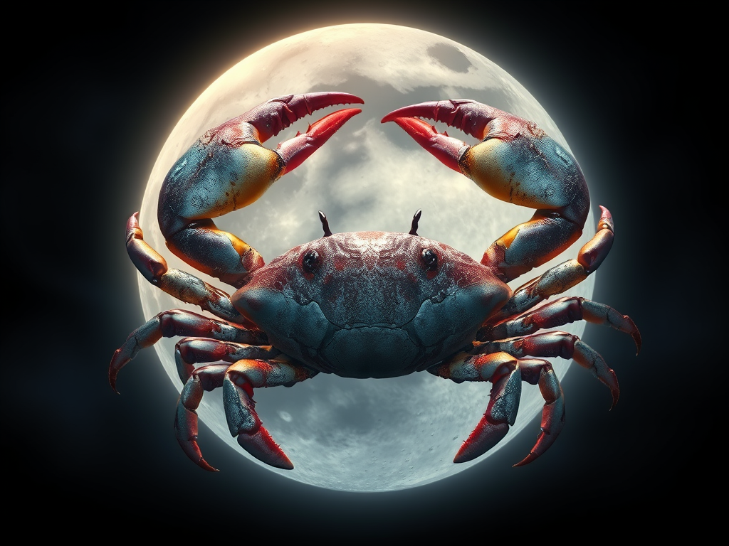 Image Prompt:
An artistic representation of the Cancer zodiac sign featuring a crab intertwined with lunar elements, symbolizing emotional depth and intuition