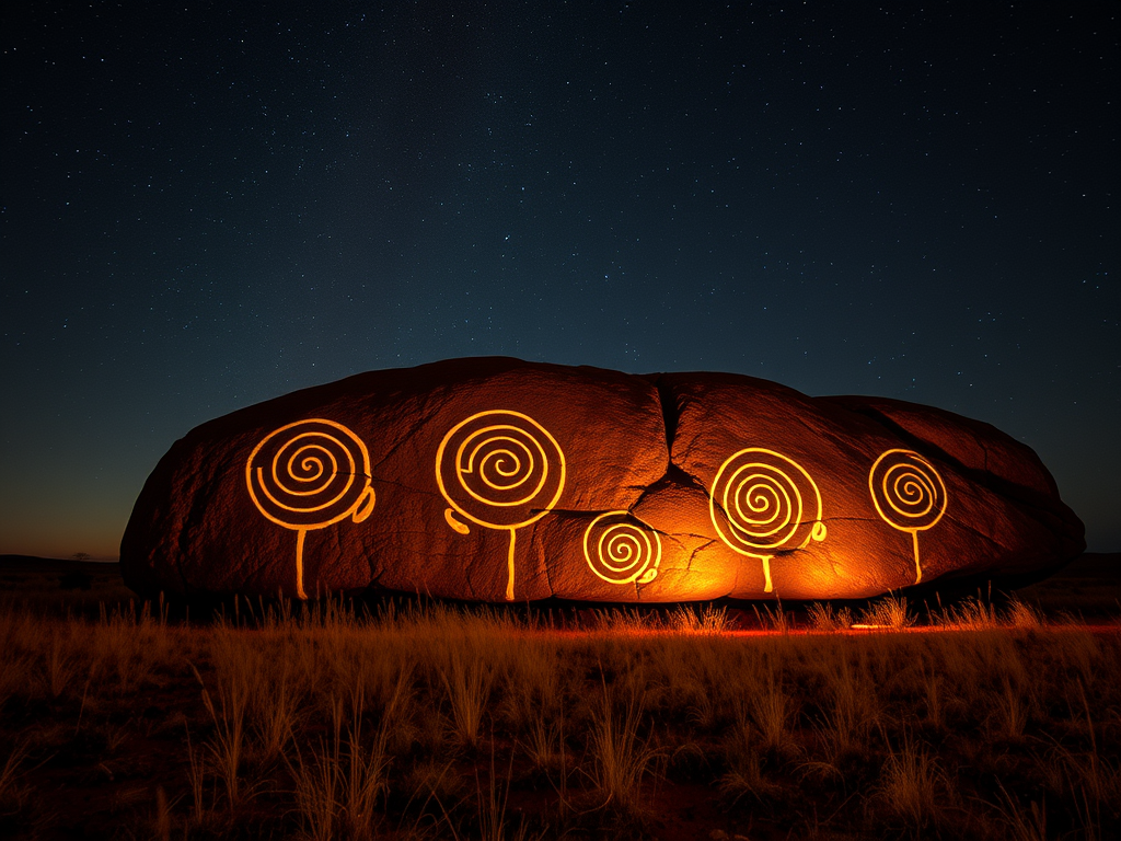 Image Prompt: Ancient African rock art and spiral symbols glowing in the night sky over a savannah field.