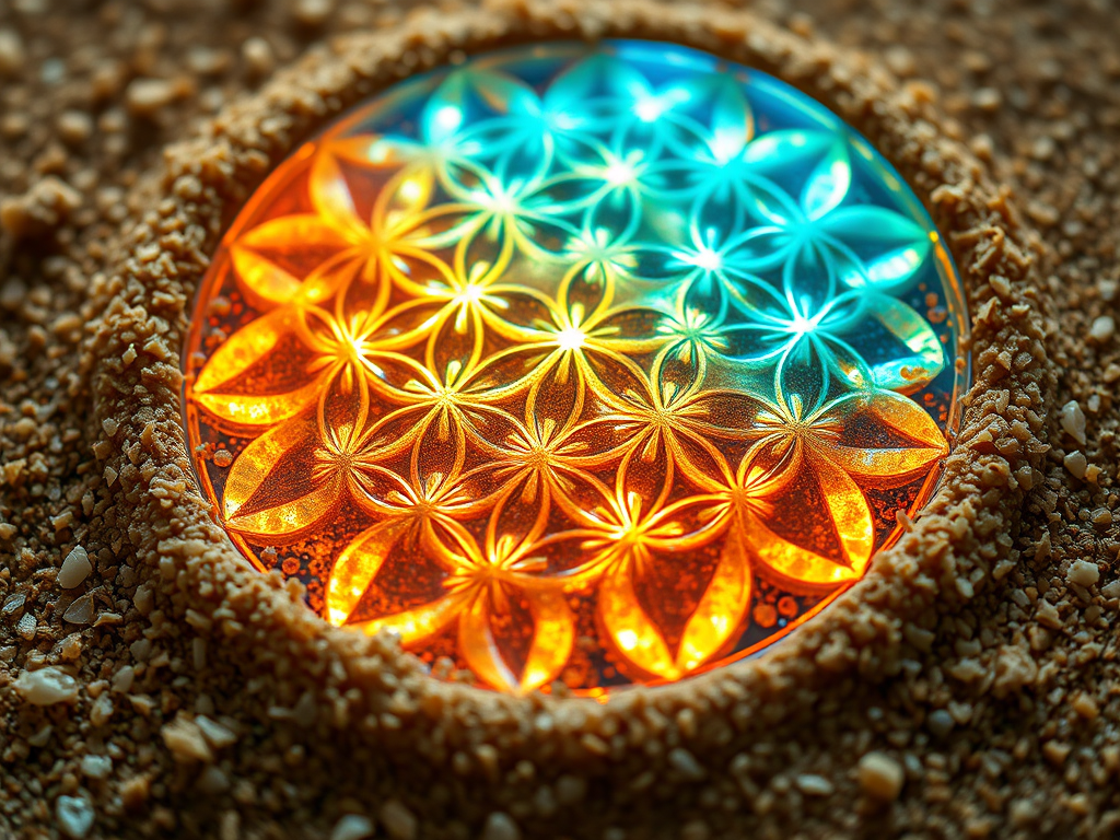 Image Prompt:
Close-up of sand grains forming a glowing Flower of Life pattern on a cymatic plate.