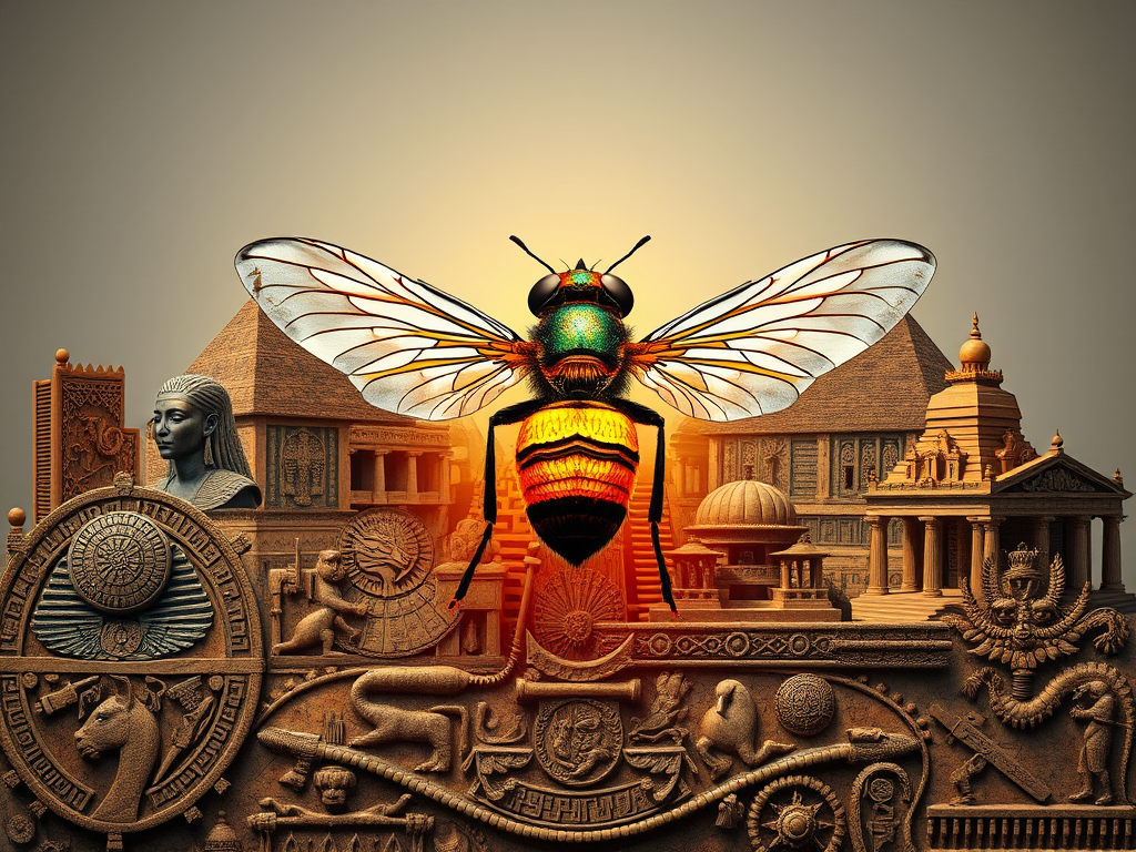 Spiritual Meaning Of A Fly Buzzing In Your Ear 6 🖼️ Image Prompt
"Collage of symbols from Ancient Egypt, African tribal art, Hindu temples, and Native American glyphs, with a fly centrally placed, glowing subtly."