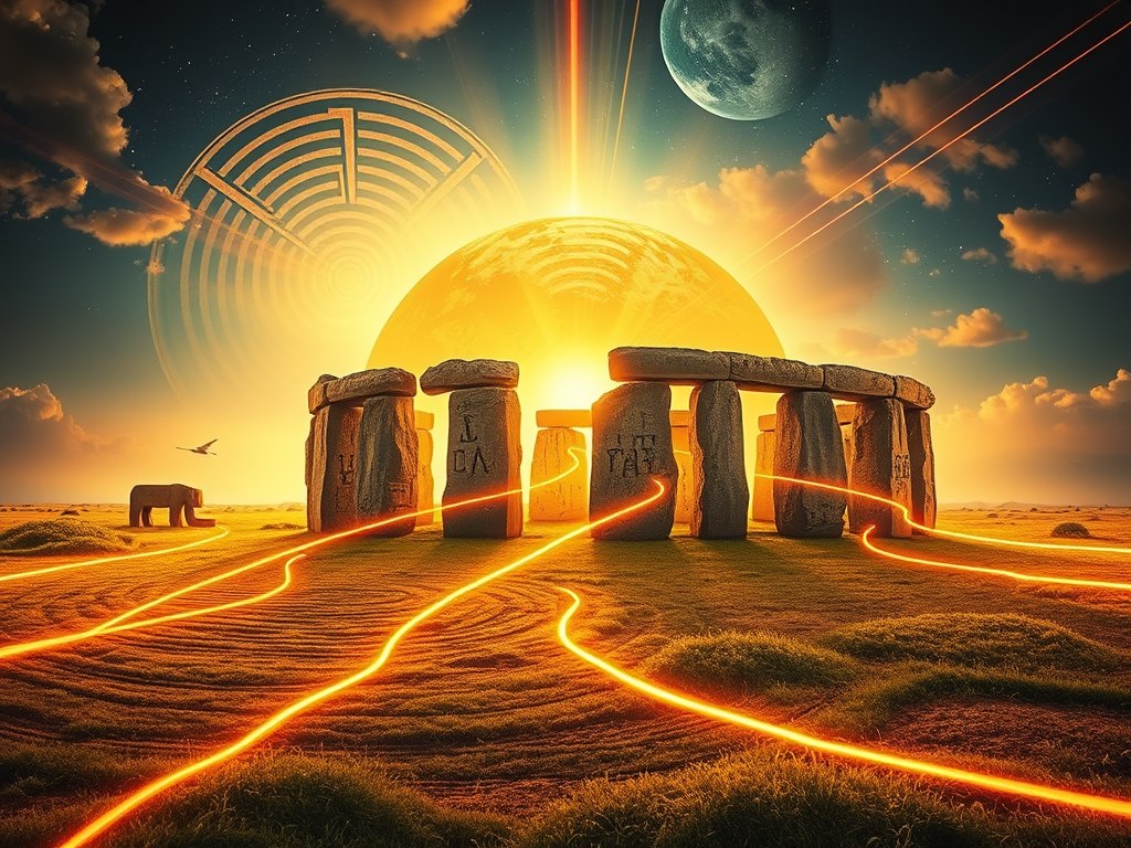 Image Prompt:
Composite image of Nazca Lines, Stonehenge, and Egyptian glyphs linked by glowing ley lines across Earth.