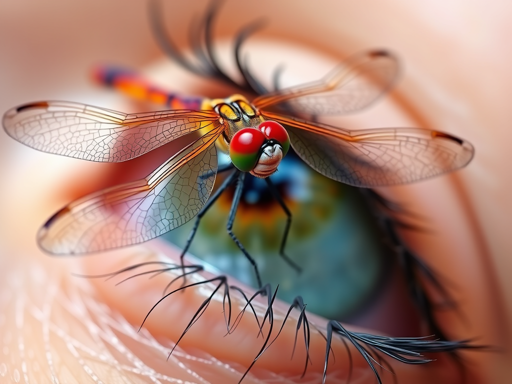 The Spiritual Meaning & Symbolism of Insects Landing on Your Face or Eyes 5 Image Prompt: “Dragonfly alighting softly on eyelid, crystal-clear wings shimmering, symbolizing inner awakening.”