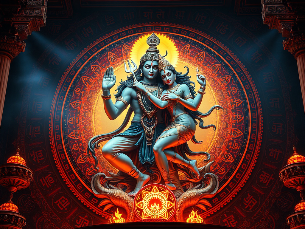 “The Sacred Exchange: Spiritual Meaning & Symbolism of Sexual Energy Across Cultures” 7 Image Prompt for Section 4
csharpCopyEdit“A sacred temple depiction of Shiva and Shakti in cosmic embrace, surrounded by mandalas and fire-wheels, with aura-glow and Sanskrit script in the background.”