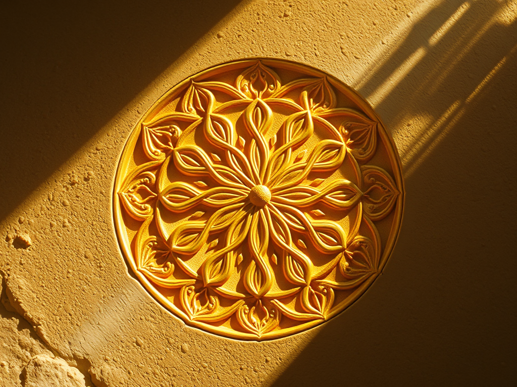 Image Prompt:
Golden flower-of‑life pattern engraved in stone with rays of sunlight illuminating it.