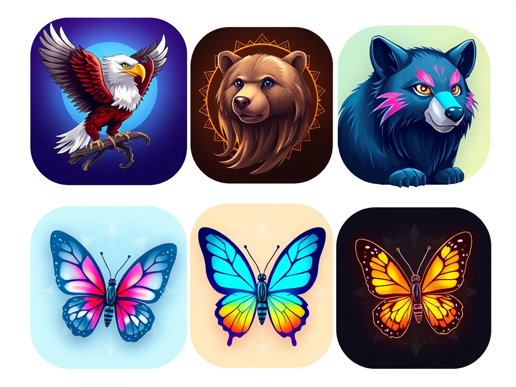 Discover the Spiritual Meanings of Animal Spirits 7 Image Prompt: Icons of popular spirit animals with labels and glowing effects (e.g., eagle, bear, fox, butterfly).
