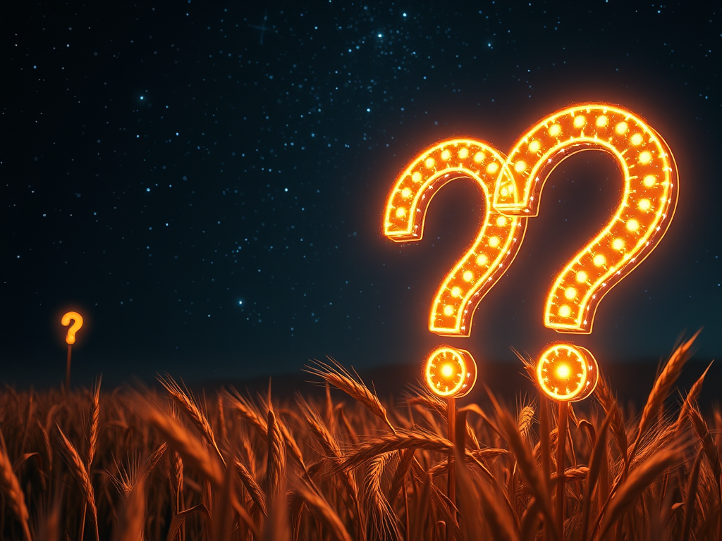 Image Prompt:
Mystical FAQ layout—question marks formed by glowing wheat floating over a field beneath a starry night sky.