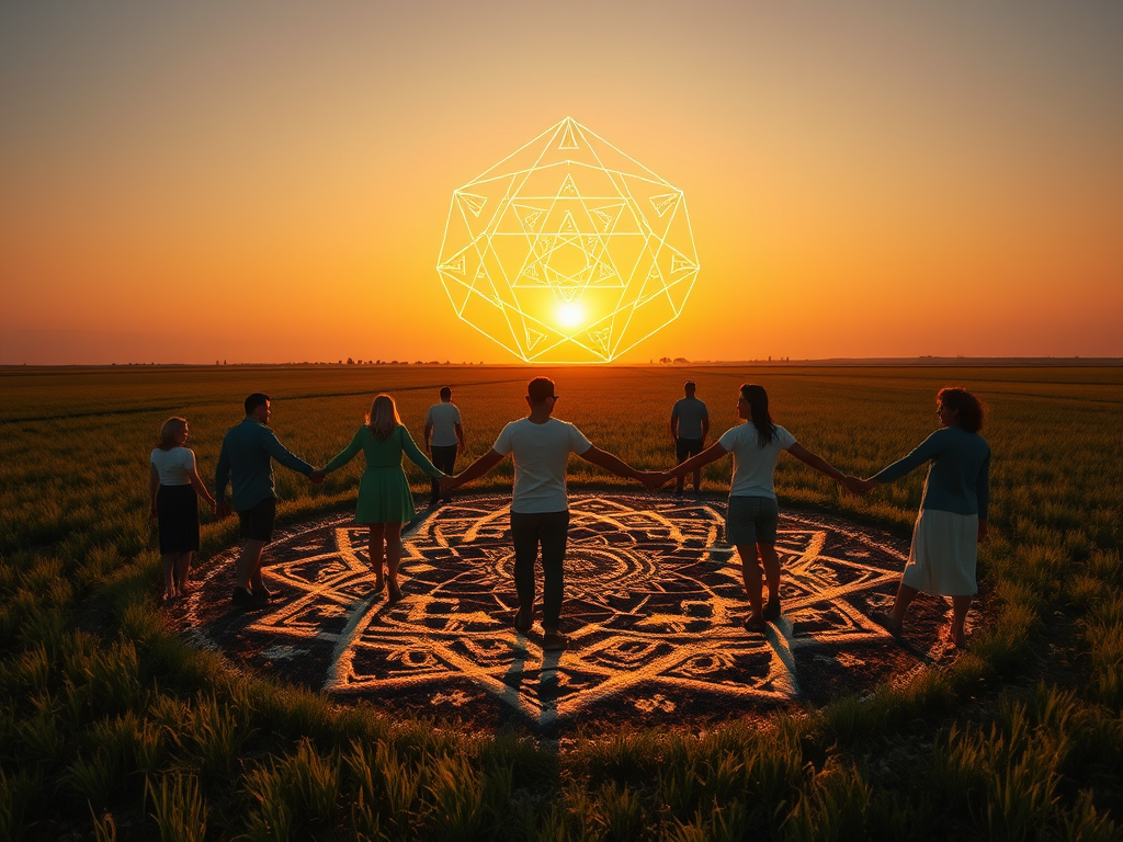 Image Prompt:
People holding hands in a massive glowing crop circle at sunrise, sacred geometry symbols floating above as golden light breaks the horizon.