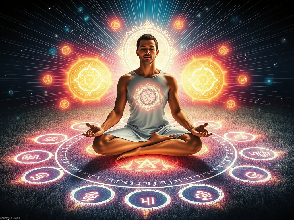Image Prompt: Person meditating in a glowing crop circle, surrounded by floating sacred symbols and lines of energy radiating outward.