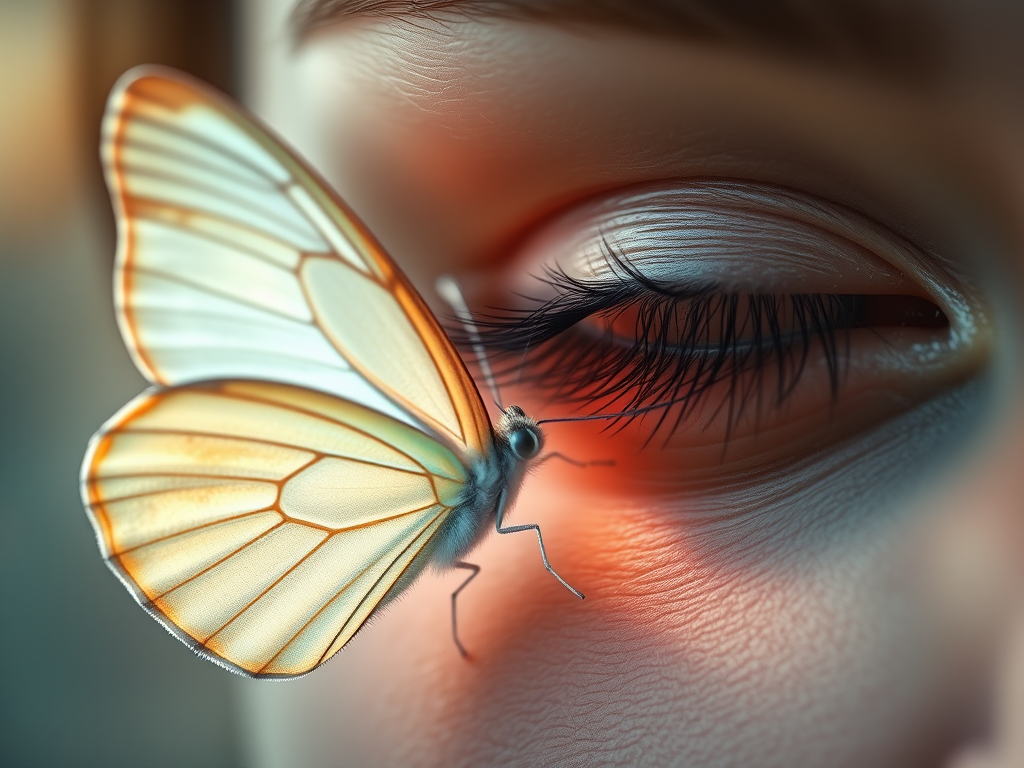 The Spiritual Meaning & Symbolism of Insects Landing on Your Face or Eyes 4 Image Prompt (Section): “Close-up of a gentle butterfly landing near a meditating person’s closed eye—delicate, pastel butterfly wings, glowing spirit-light.”