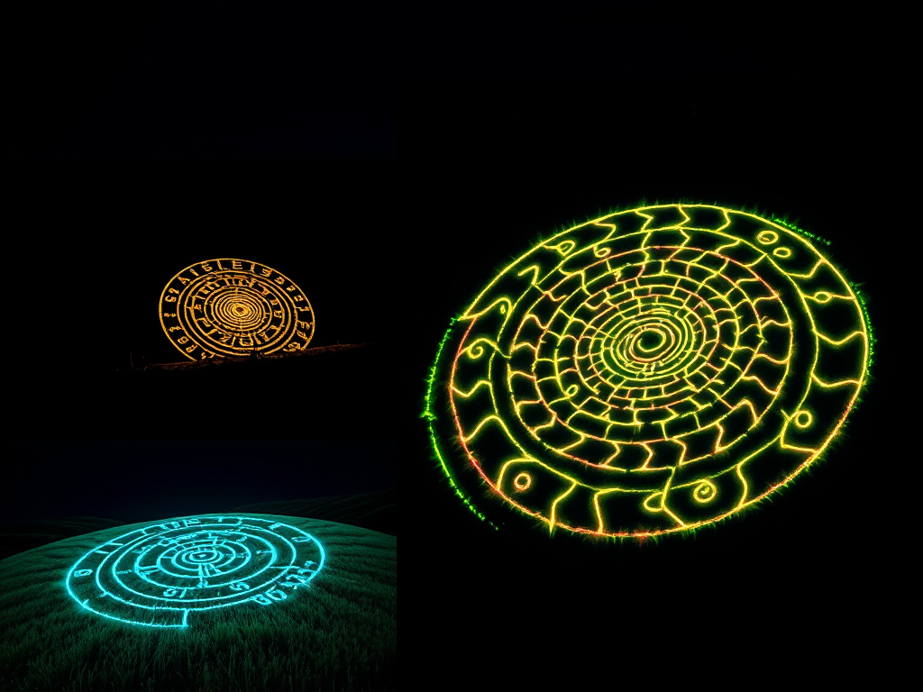 Image Prompt:
Side-by-side artistic renderings of famous crop circles like Julia Set, Milk Hill spiral, and Chilbolton Code glowing at night.
