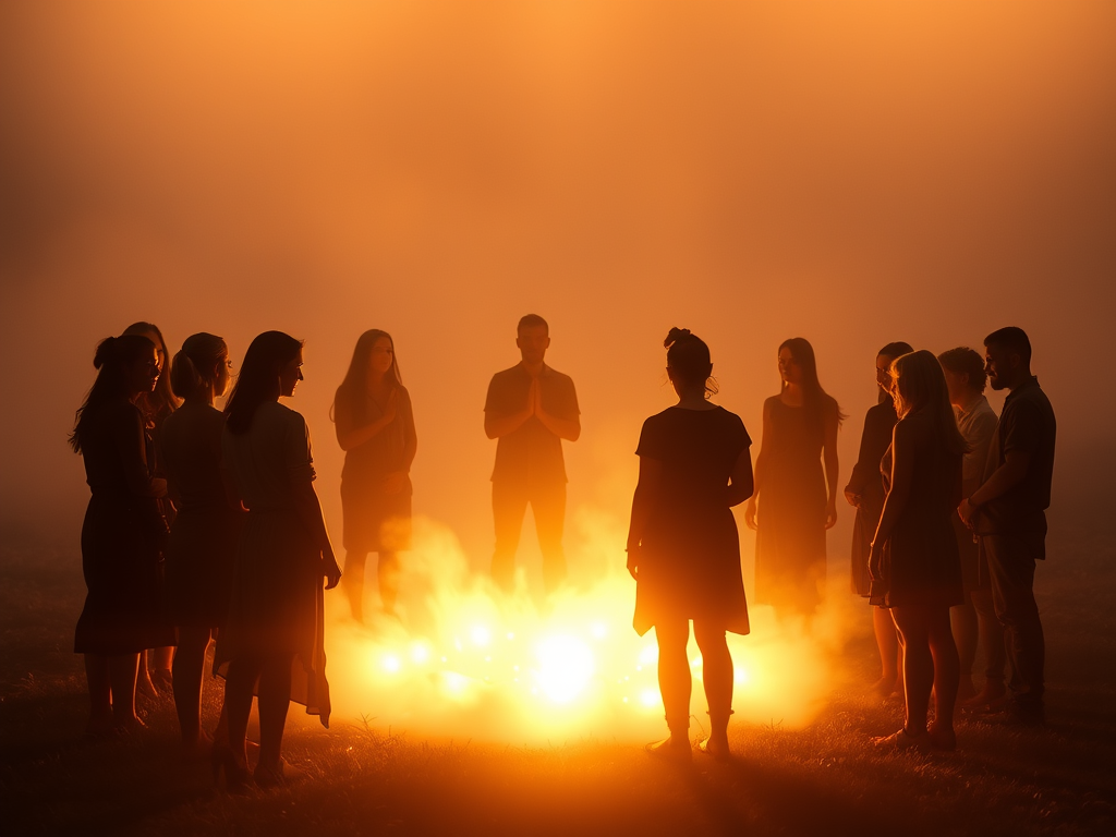 Image Prompt:
Silhouettes of people standing in a circle, bathed in glowing light and soft spiritual energy rising from the Earth.