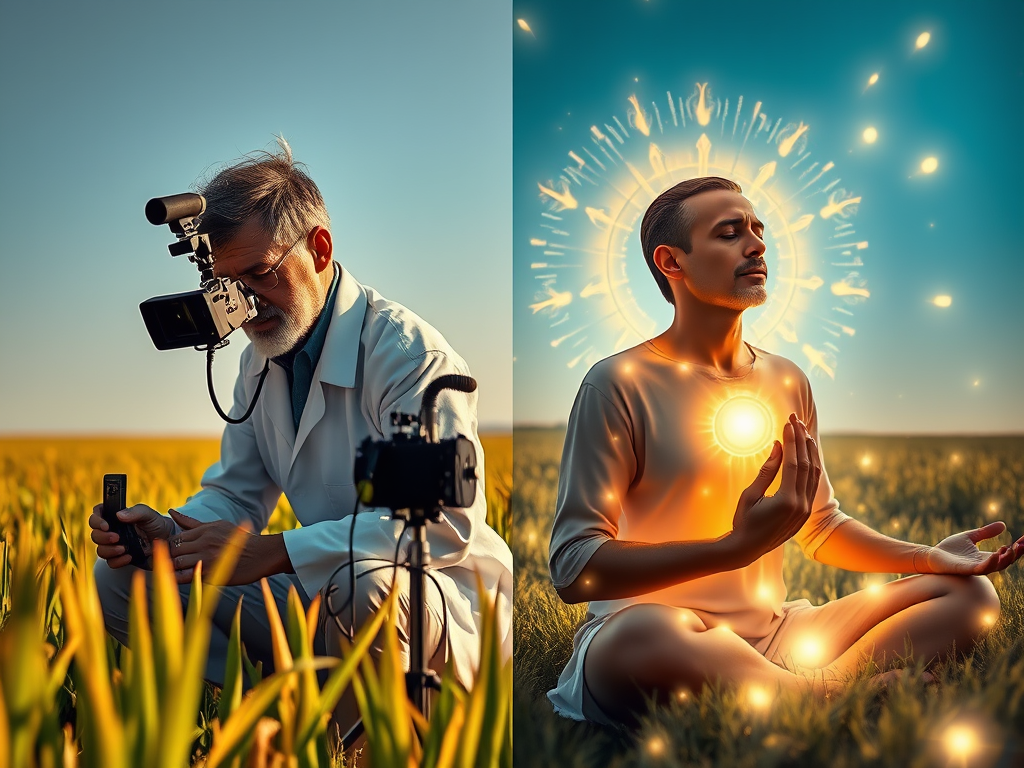 Image Prompt: Split view: scientist with instruments in a crop circle vs. a spiritual seeker meditating, both enveloped in glowing energies.
