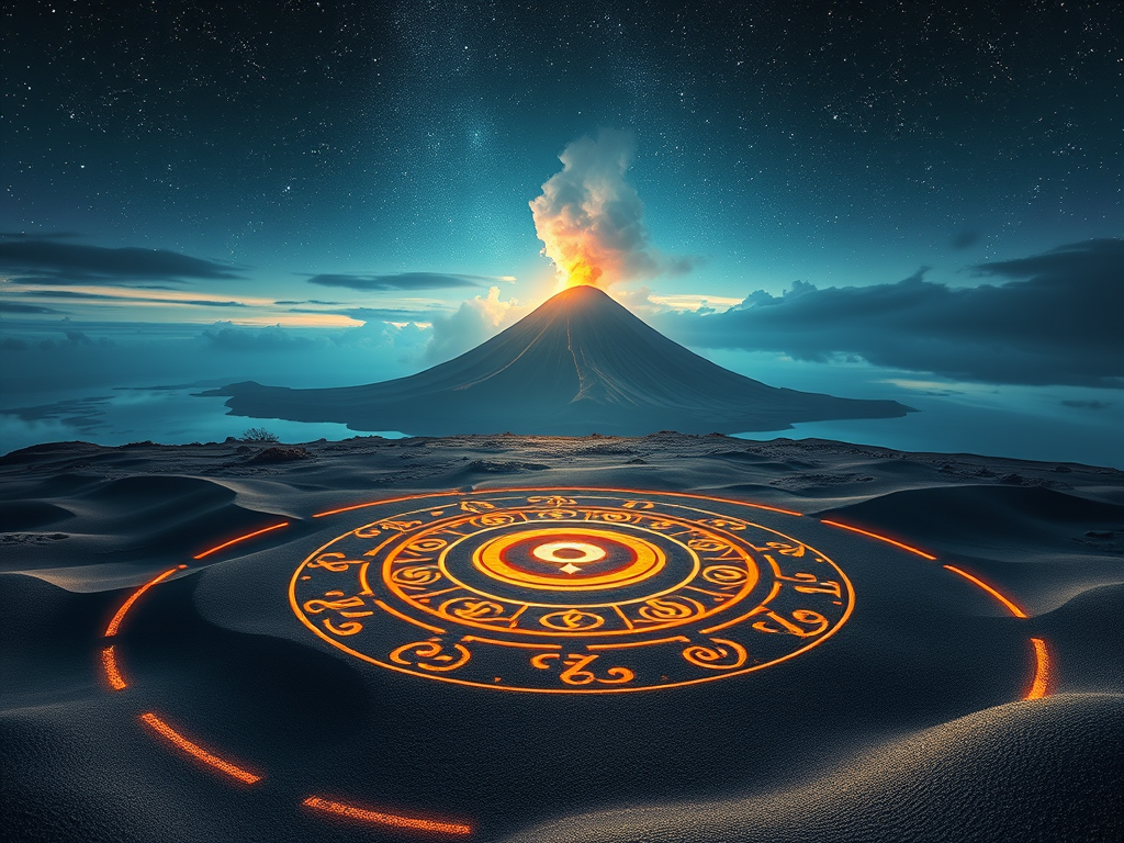 Image Prompt: Volcanic island landscape with glowing tribal symbols and circle patterns in the sand lit by starlight.