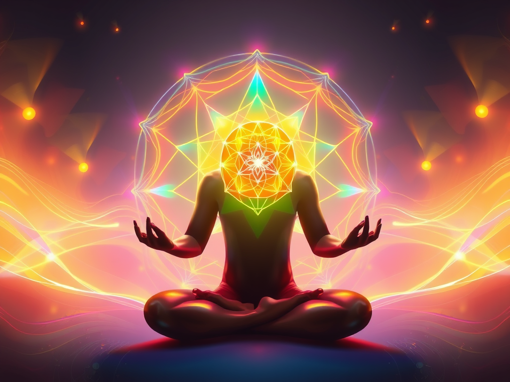 Spiritual Meaning of Raising Your Vibrations 9 Meditating figure surrounded by glowing geometric shapes (flower of life, Metatron’s cube) and harmonic waves of color rising through chakras.