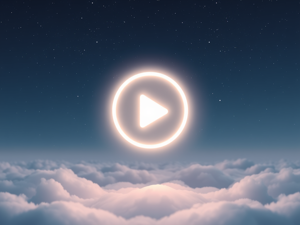 “Minimalist glowing play button floating in a dreamscape with constellations forming spiritual symbols around it. A calm invitation to enter the story.”

