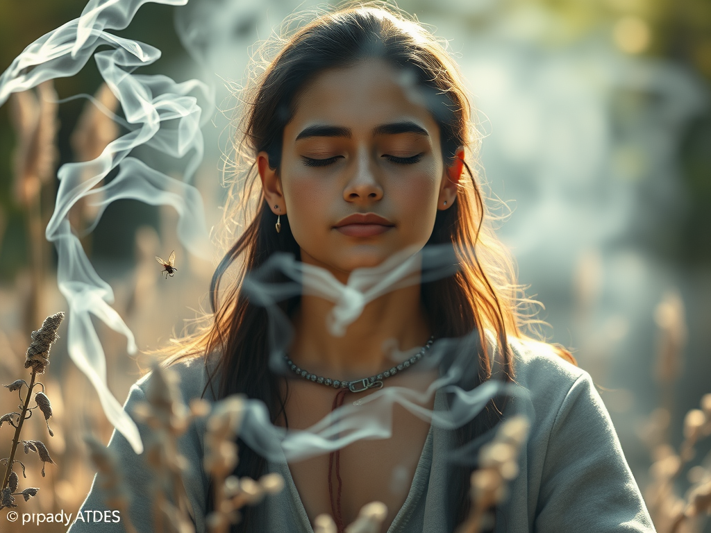 Spiritual Meaning Of A Fly Buzzing In Your Ear 8 🖼️ Image Prompt
"Mystic person meditating in nature with a small fly near their ear, surrounded by incense smoke, sage, and glowing orbs."