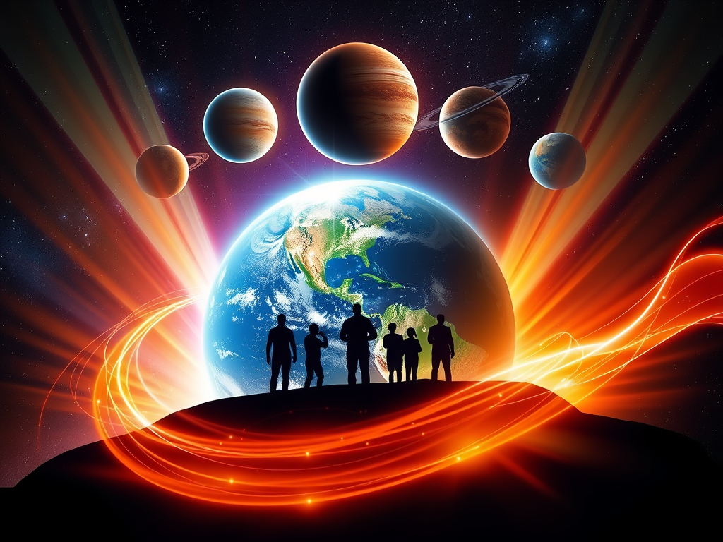 Spiritual Meaning of Raising Your Vibrations 10 Planets in alignment above Earth; energy waves flowing across; earth‑standing silhouettes glowing—symbolizing global shift and energetic resonance.