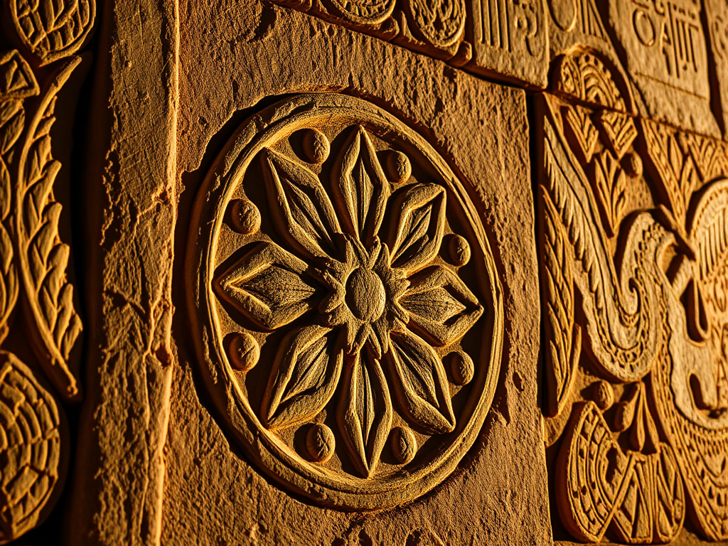 Prompt:
Close‑up of Abydos temple wall with worn flower‑of‑life carving highlighted by torchlight.