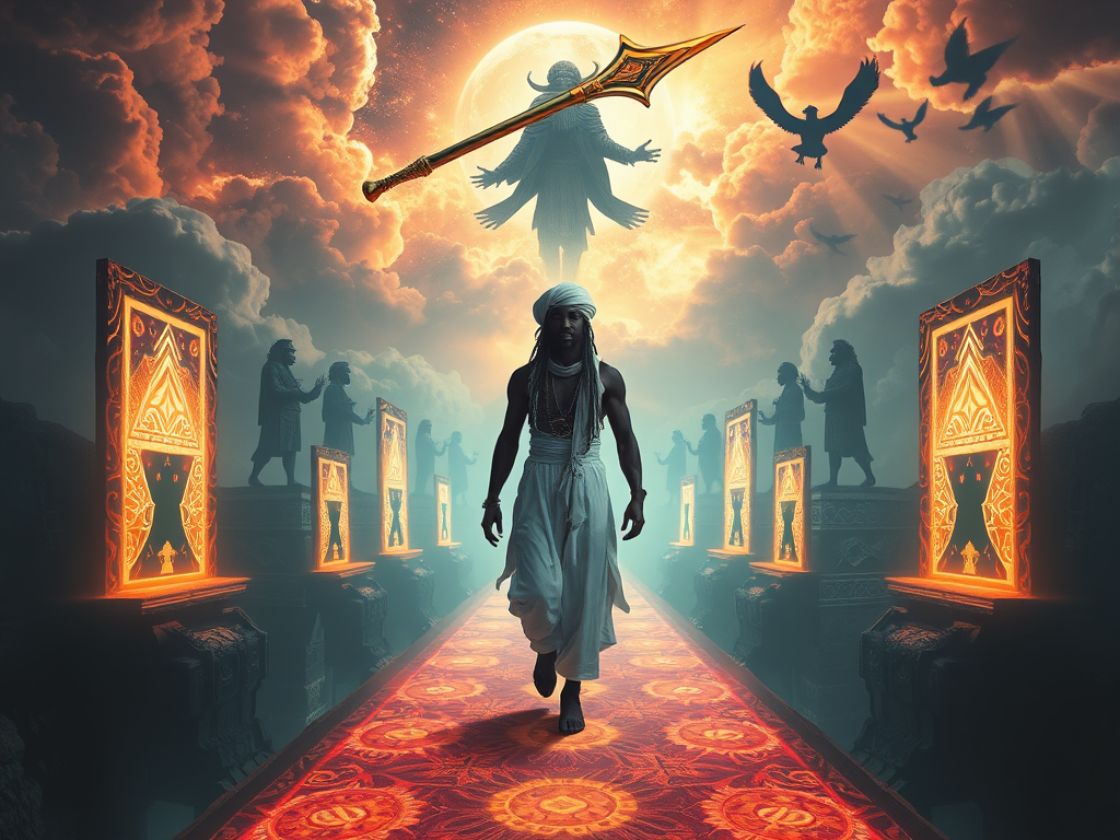 Prompt:
“Epic cosmic dream realm with floating soul weapon, ancient ancestors in the sky, glowing pathways, and a central figure walking through dimensional portals. Mystical, surreal, spiritual fantasy aesthetic.”