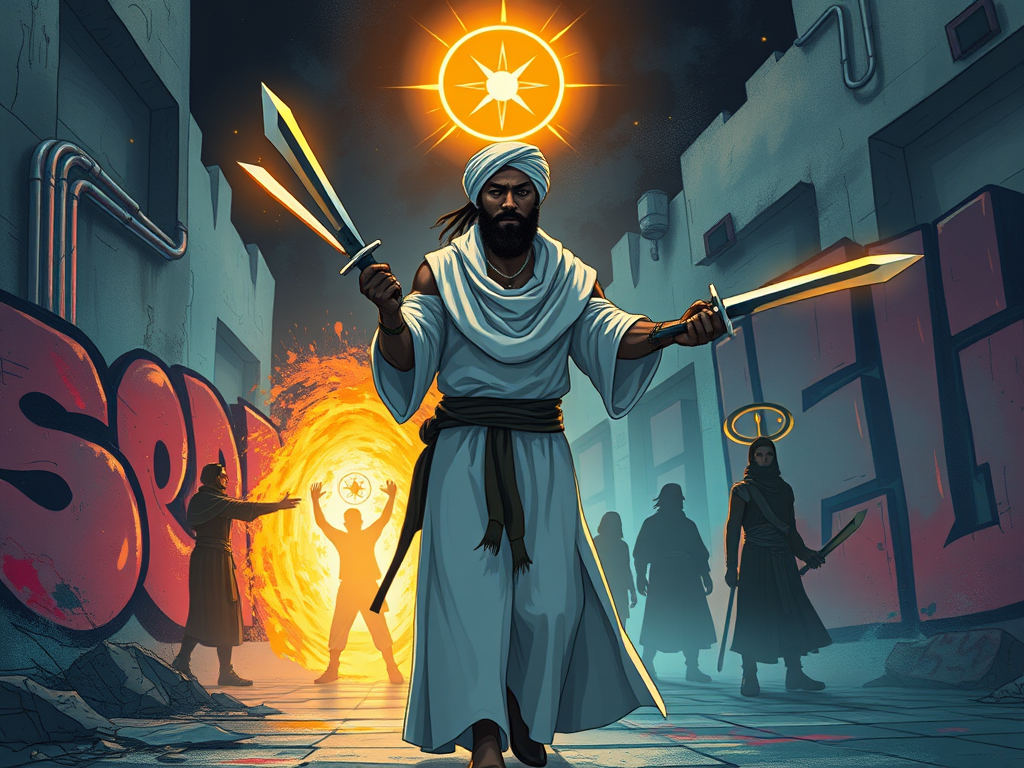 Prompt:
“Stylized graffiti-style animation of words turning into weapons—blades made of thoughts, shadowy ego figures in an urban dreamscape, and a warrior walking a glowing spiritual path. Hip-hop spiritual fusion.”