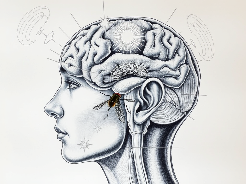 Spiritual Meaning Of A Fly Buzzing In Your Ear 9 🖼️ Image Prompt
"Scientific drawing with a brain and auditory pathways, fly buzzing near ear, overlay of spiritual symbols and sound waves."