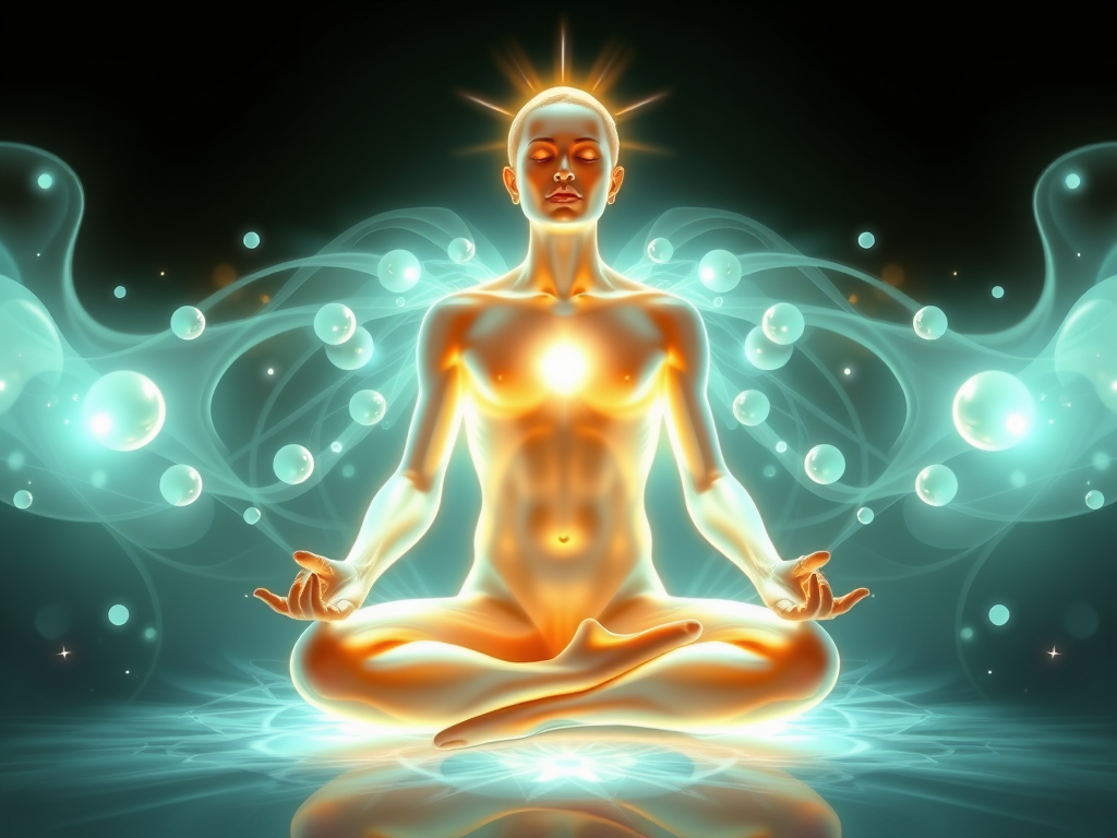 Spiritual Meaning of Raising Your Vibrations 8 sitting in lotus with translucent torso, ovoid energy fields expanding with each inhalation; light streaming from chest and crown.