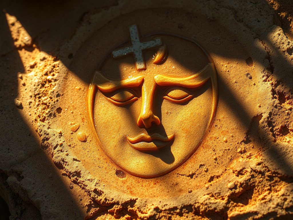 "Spiritual oil stain resembling human face on sunlit stone, warm summer atmosphere, mystical light glow, symbolic and sacred, photorealistic"