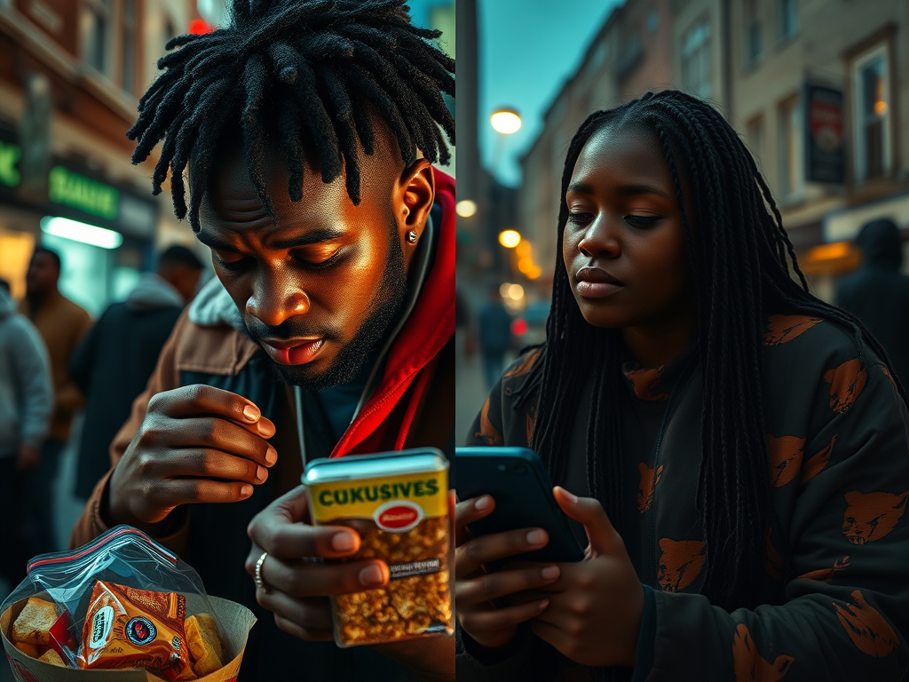 “Split-screen of modern life: one side showing junk food, phone addiction, chaos, the other side showing solitude, health, and spiritual calm. Urban setting, moody lighting, symbolic visual of choice.”