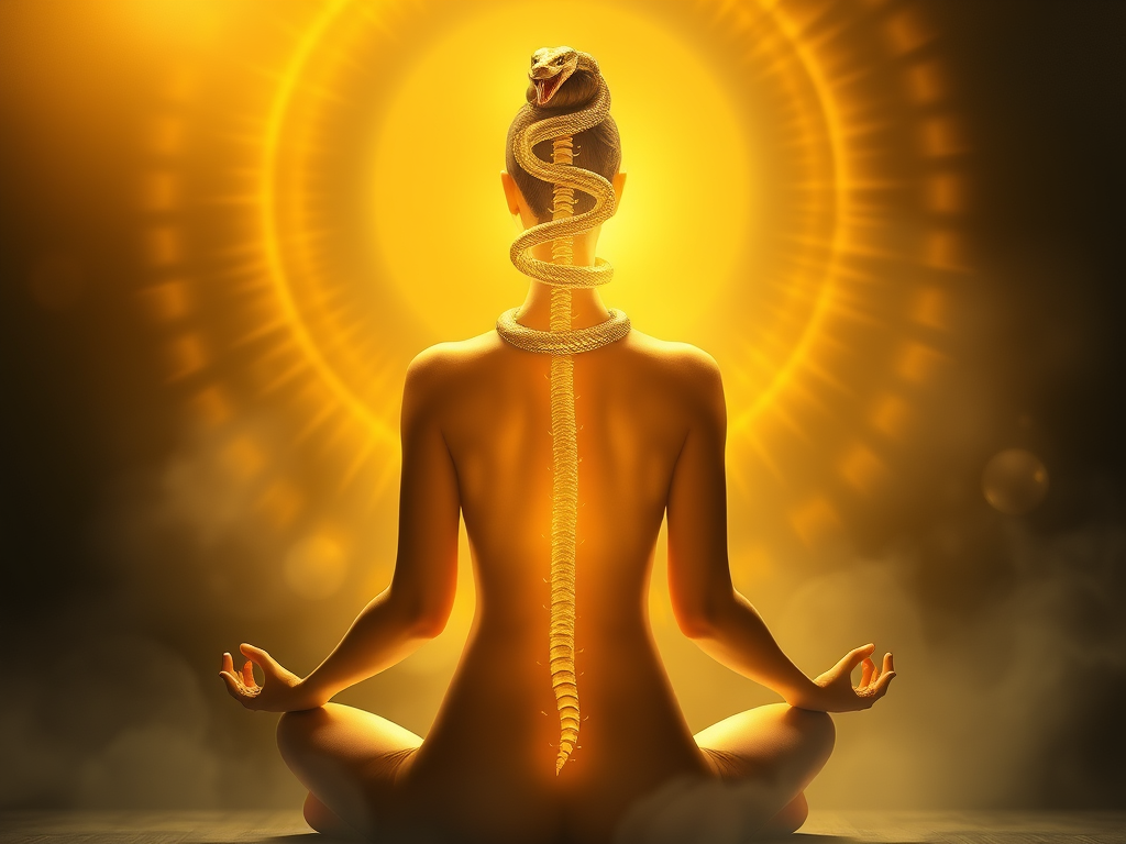 Spiritual Meaning of Raising Your Vibrations 7 The golden serpent or spiral ascending the spine in a meditating figure, with soft luminous aura—symbolizing rising sexual energy and transformation.