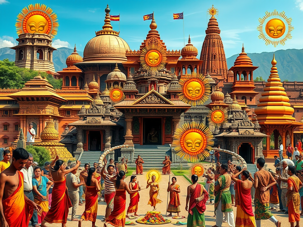 “A cultural tapestry blending ancient temples, ritual dances, tantric symbols, and tribal ceremonies from different civilizations, vibrant collage of global spiritual traditions”