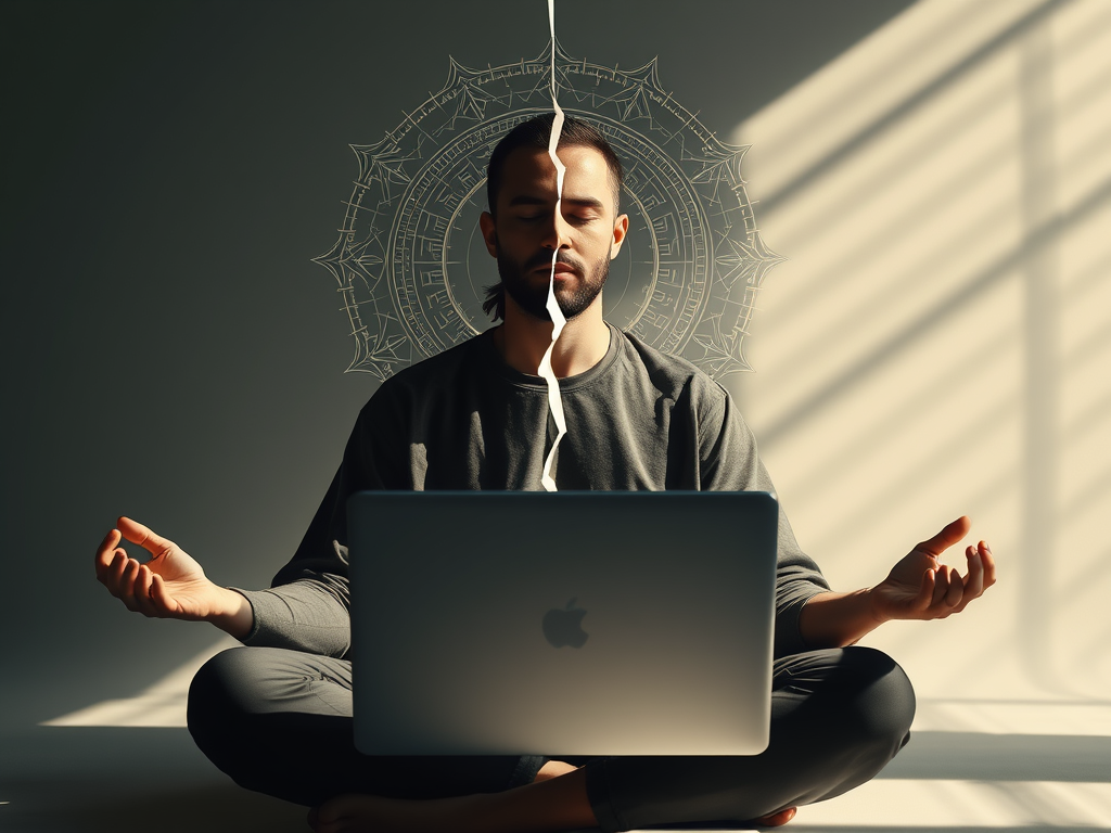 “A digital spiritual seeker meditating in front of a laptop, torn between light and shadow, surrounded by both divine symbols and digital illusions, representing balance and discernment”


