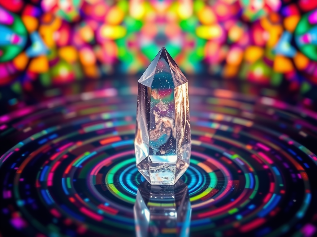 The Mystical Power of Birthstones: Unlock Your True Self – Explore Spiritual Meanings and Ancient Wisdom 5 A macro photograph of a quartz point emitting concentric waves of luminescent energy, set against a futuristic, kaleidoscopic backdrop symbolising frequency and vibration.