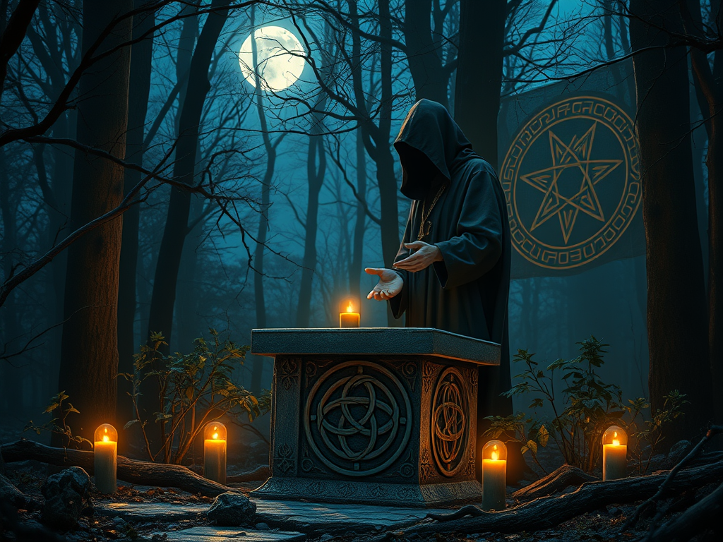 “A moonlit forest with a cloaked figure performing sex magic at a stone altar, surrounded by Celtic knots, herbs, and magical sigils glowing with ancient energy”