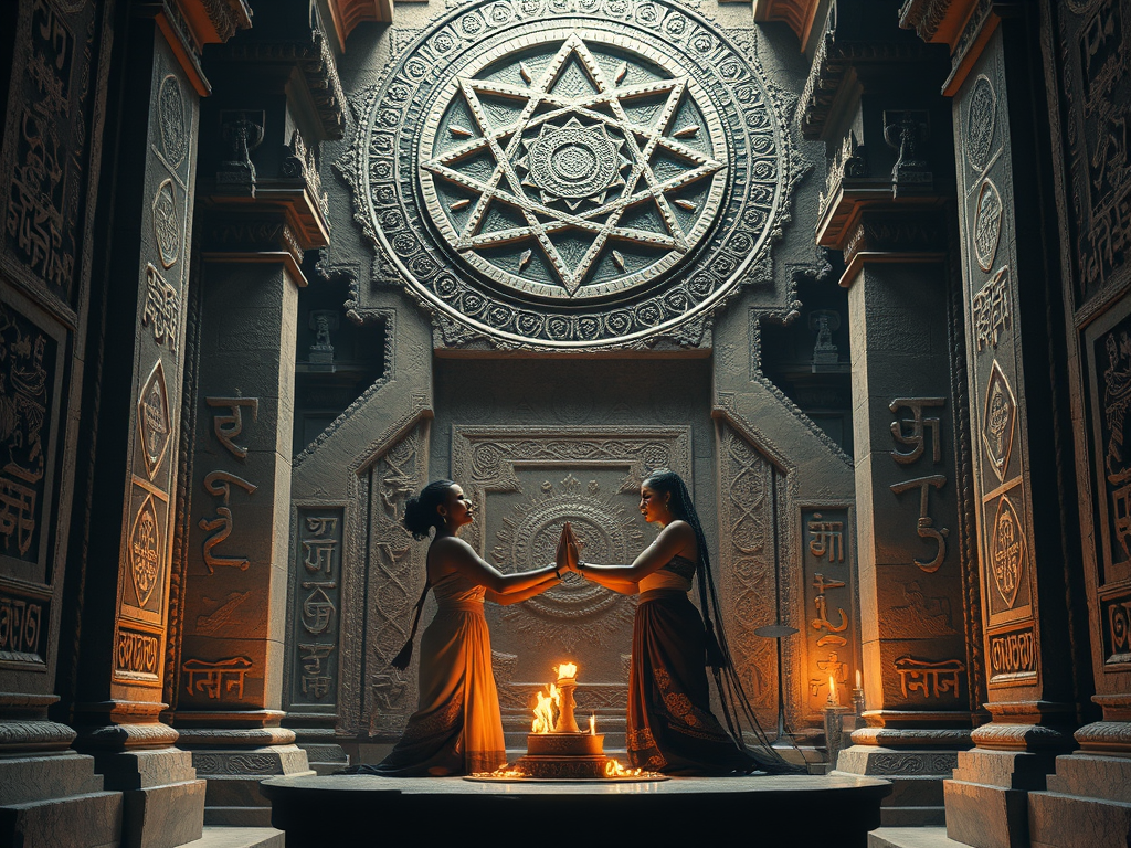 “A mystical couple in a stone temple performing a ritual beneath sacred geometry, soft firelight reflecting on walls covered in Sanskrit and Shaivite symbols, presence of Shakti energy”