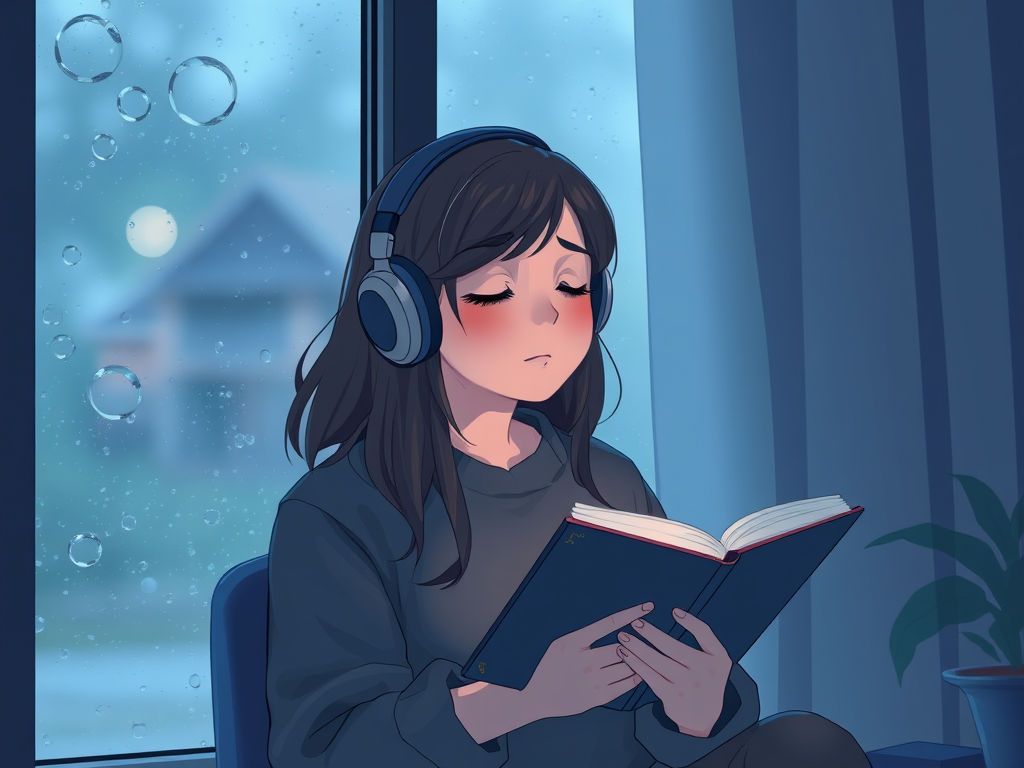 A peaceful indoor space with rain outside the window. A person sits with a journal, headphones on, soft lighting, emotional expression on their face. A gentle blue-violet color scheme with subtle sparkles.