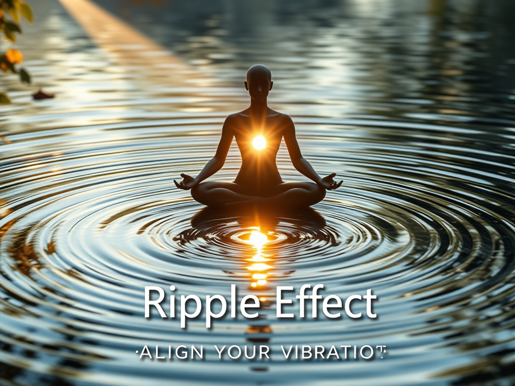 A peaceful scene of ripples expanding across a still water surface, with glowing energy lines forming sacred geometry patterns. A figure meditates by the water, with soft golden light radiating from their heart space. In the background, faint waves blend into natural elements like leaves, wind, and light beams. Text overlay: “Ripple Effect – Align Your Vibration” in calm, modern spiritual font.