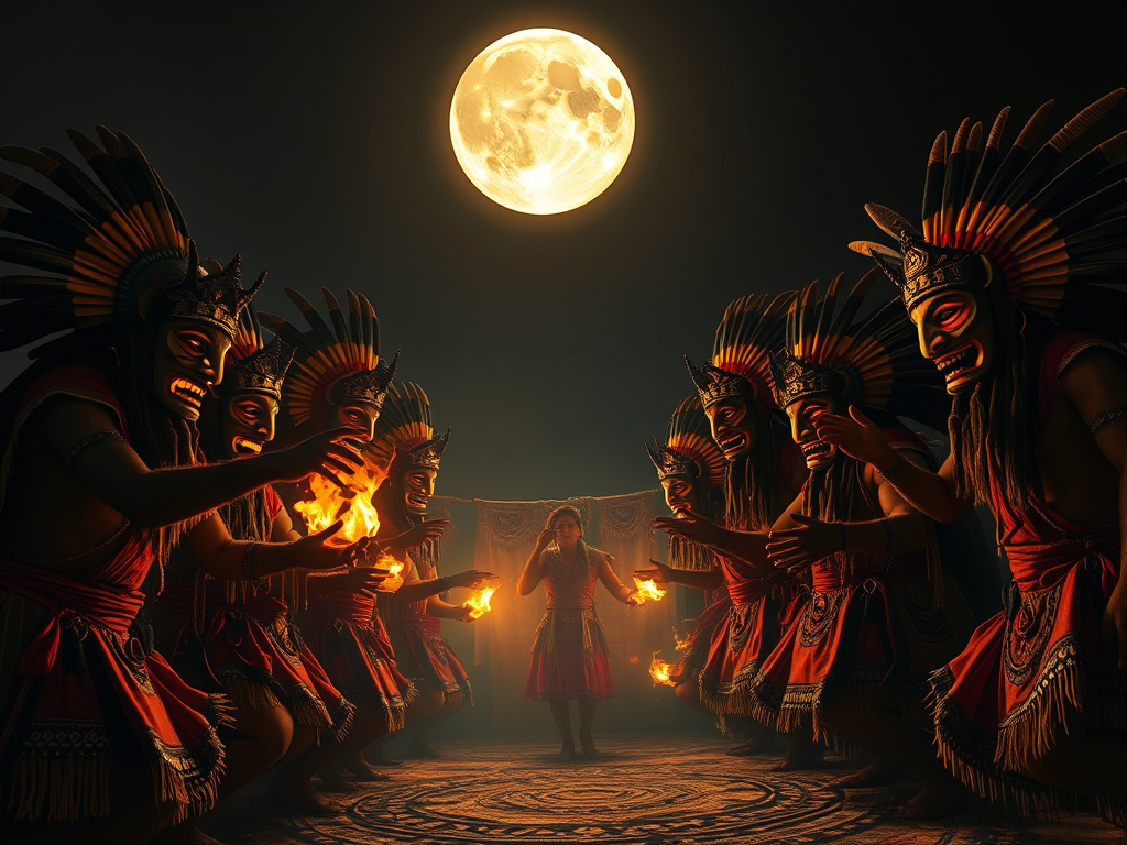 “A sacred tribal ceremony under a full moon, dancers wearing traditional masks, surrounded by spirit animals, firelight, and glowing ancestral patterns rising from the earth”