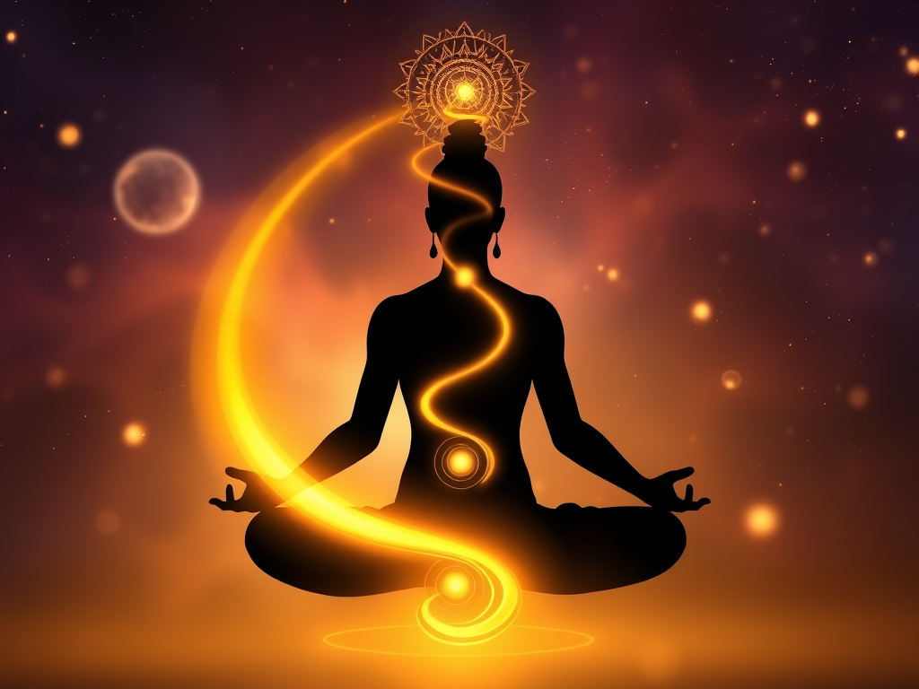“A silhouette meditating with golden kundalini energy spiraling from the base to the crown chakra, surrounded by soft glowing orbs, abstract cosmic background, divine sexual energy rising”


