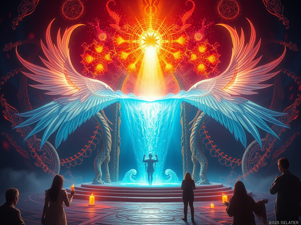“A spiritual initiate standing before a glowing gateway of fire and water, sacred serpent rising, ethereal beings watching the passage with reverence and light”