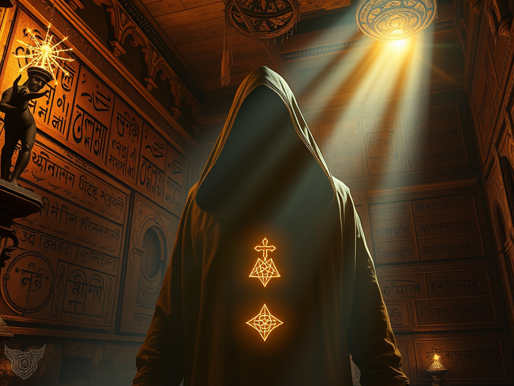 “Ancient temple walls revealing glowing hidden scripts, a hooded mystic discovering esoteric symbols beneath a golden light shaft, aura of sacred secrecy and awakening wisdom”
