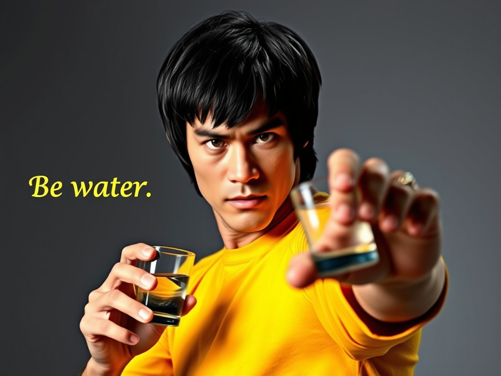 bruce lee look like martial arts with a cup of 1
