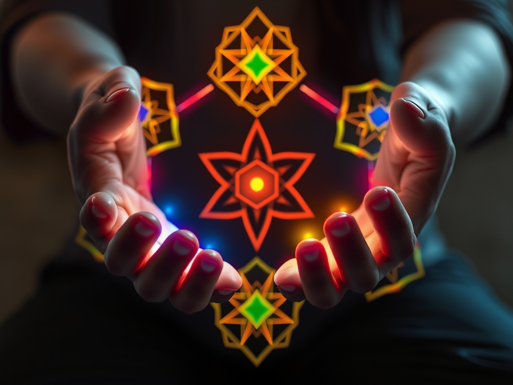 “Hands in a ritual gesture holding symbols of breath, energy flow, and sacred fluids, glowing geometric energy patterns forming a circle of transformation around the practitioner”

