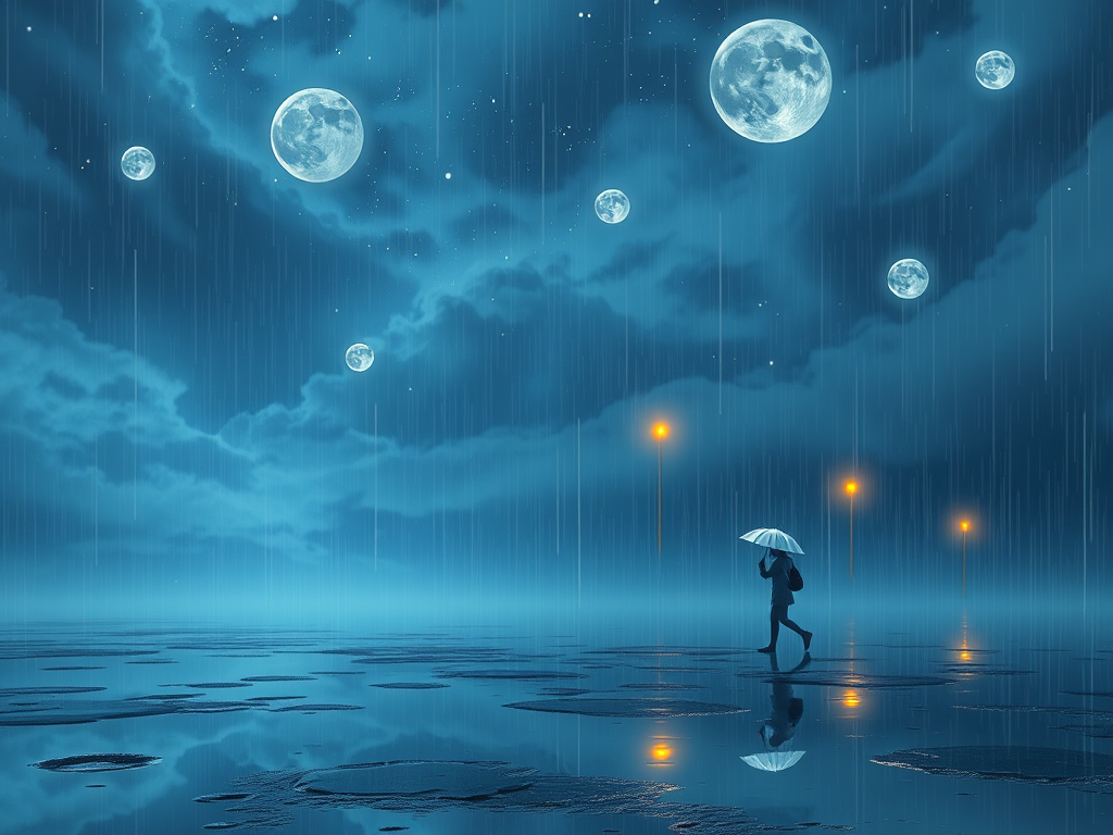 🖼️ Image Prompt:

A dreamscape with soft rain falling under a night sky. Symbols like moons, stars, and floating eyes reflect in puddles. A figure walks through the dream mist, umbrella glowing with light.