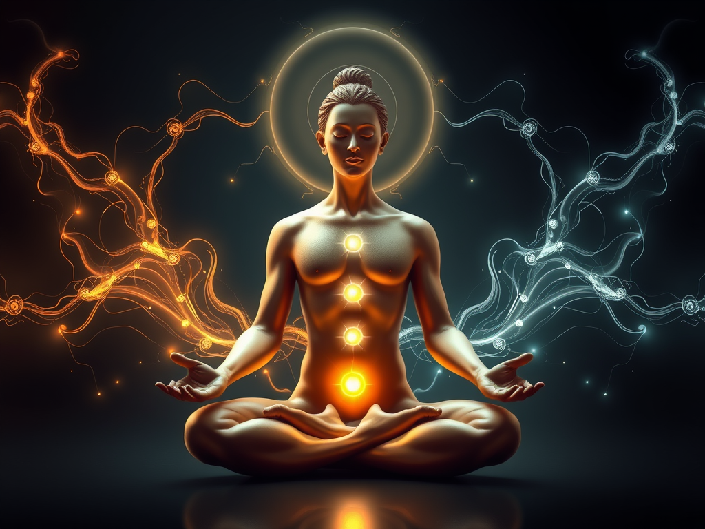 Image Prompt: "A meditating figure with two merging energy currents—one golden, one silvery—flowing through their chakras and forming a luminous aura."