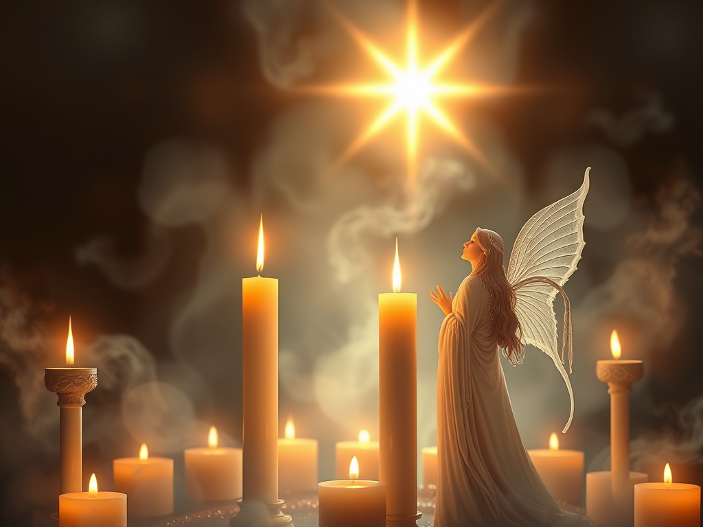 Image Prompt: "A mystical depiction of Shabbat candles flanked by ethereal figures representing Shekhinah and the Divine."